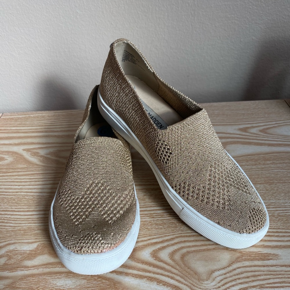 Gold Fabric Steve Madden Slip Ons